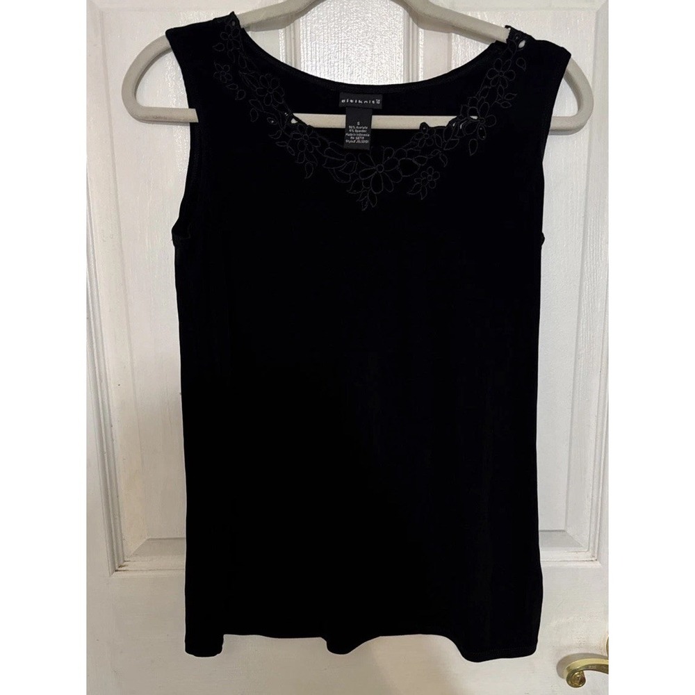 Citiknit Travelers Knit Tank Top Shirt Black Openwork Lacy Floral Neckline S
